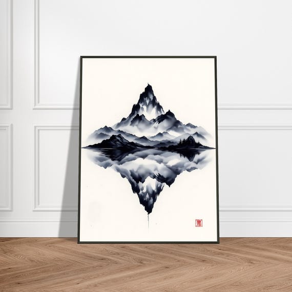 Mountain Reflection Ink Print Japanese Sumie Landscape Art Symmetrical Zen Nature Scene Minimalist Black And White Wall Decor