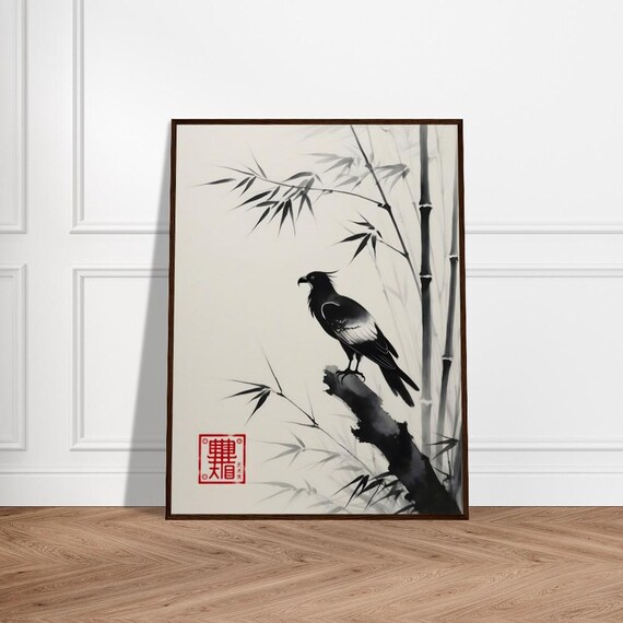 Perched Hawk With Bamboo Japanese Sumie Minimalist Ink Art Poster