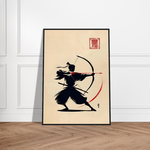 Ninja Archer Drawing Bow with Red Arrow Japanese Ink Art Poster