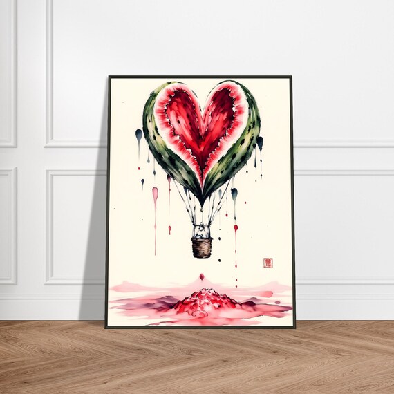 Heart Shaped Watermelon Hot Air Balloon Surreal Watercolor Art Poster