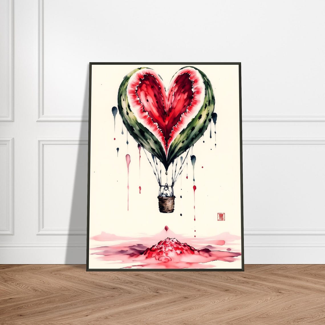 Heart Shaped Watermelon Hot Air Balloon Surreal Watercolor Art Poster