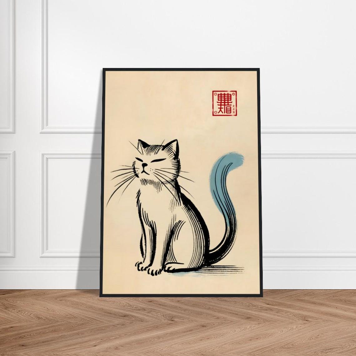 Serene Japanese Cat Eyes Closed Blue Cheeks Whiskers Ink Poster