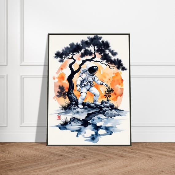 Astronaut Bonsai Art Print Japanese Watercolor Space Explorer Illustration Zen Scifi Nature Wall Decor
