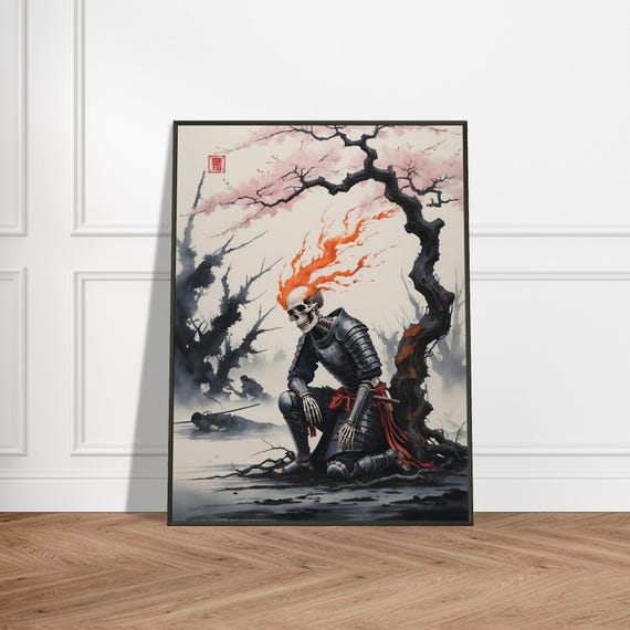 Flaming Skull Samurai Under Cherry Blossoms Dark Japanese Fantasy Art Metal Framed Print