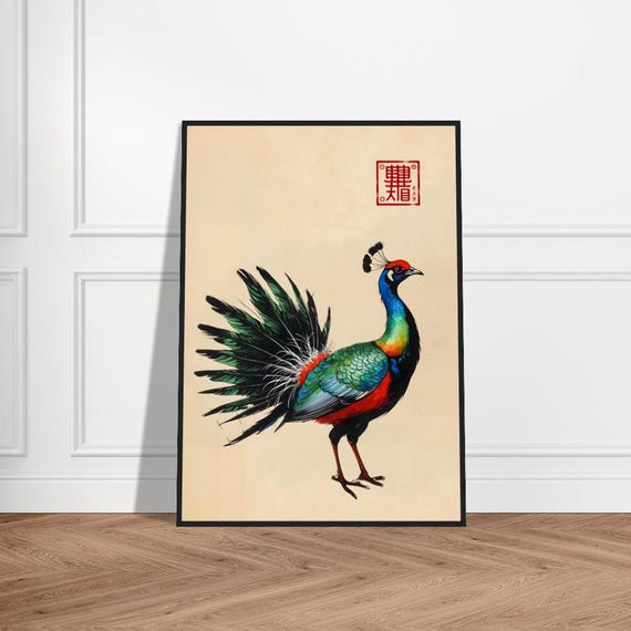 Japanese Peacock Art Print Vibrant Multicolored With Elegant Feathers Traditional Asianinspired Painting Zen Nature Wall Decor