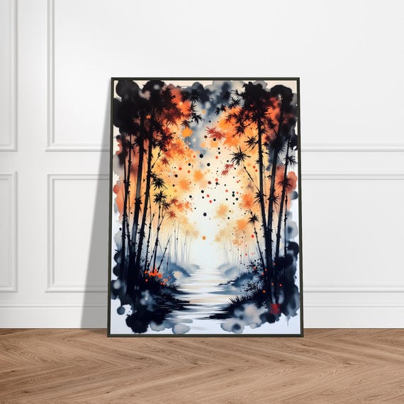 Japanese Bamboo Forest Path Art Print Watercolor Ink Landscape Tranquil Zen Nature Wall Decor Autumn Light Illustration
