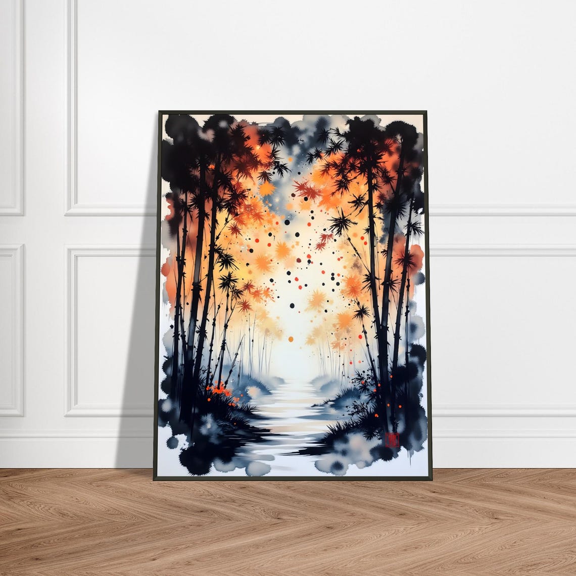 Japanese Bamboo Forest Path Art Print Watercolor Ink Landscape Tranquil Zen Nature Wall Decor Autumn Light Illustration
