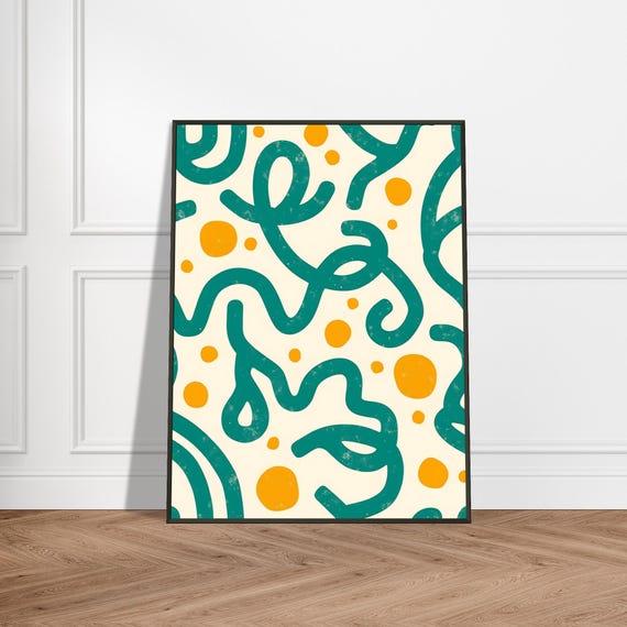 Abstract Geometric Wall Art Print Modern Pattern With Green Curves And Orange Dots Retro Minimalist Home Decor Bold Colorful Poster