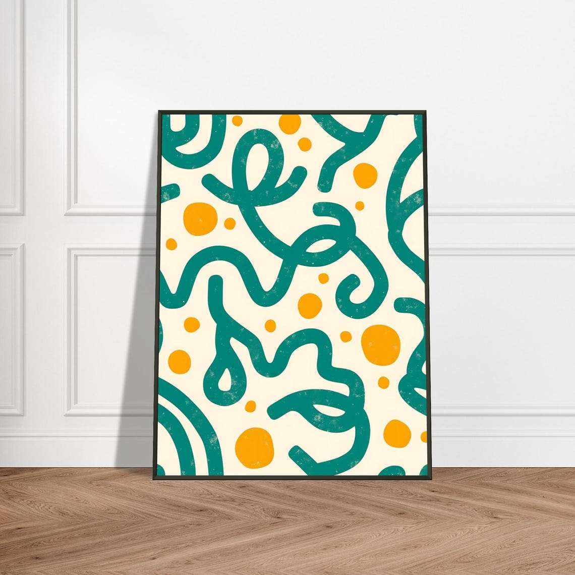 Playful Teal Squiggles With Orange Dots Modern Abstract Art Poster
