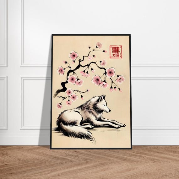 Japanese Wolf Art Poster Minimalist Wall Decor Museumquality Matte Paper Framed Zen Okuriinu Print Nature Artwork