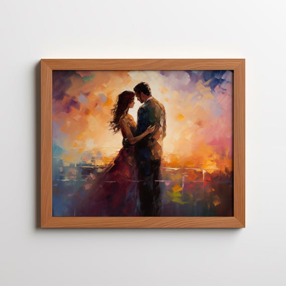 Abstract Couple In Love Art Print Romantic Embrace Painting