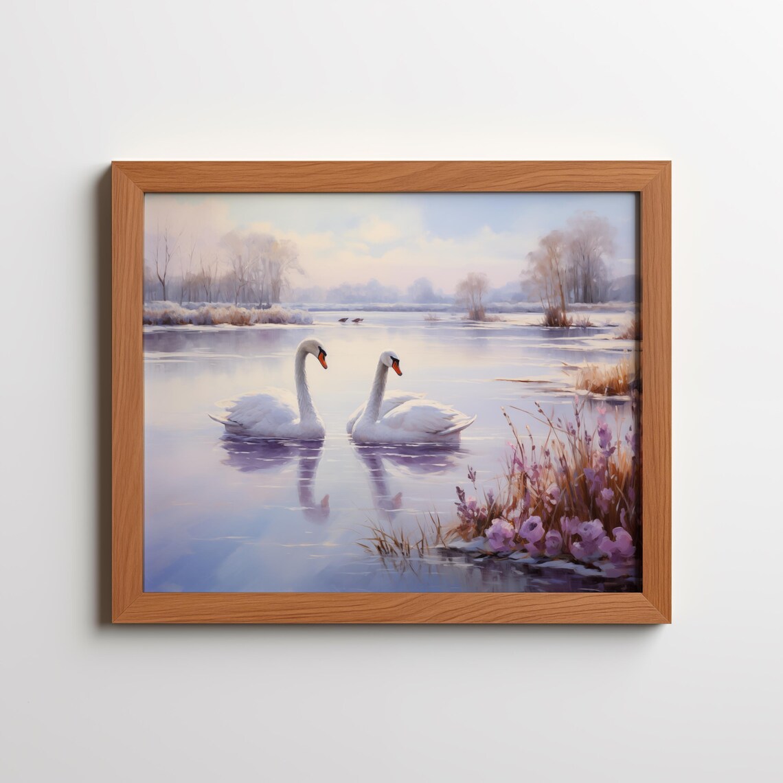 Elegant Winter Swan Lake Two Graceful White Swans Misty Poster
