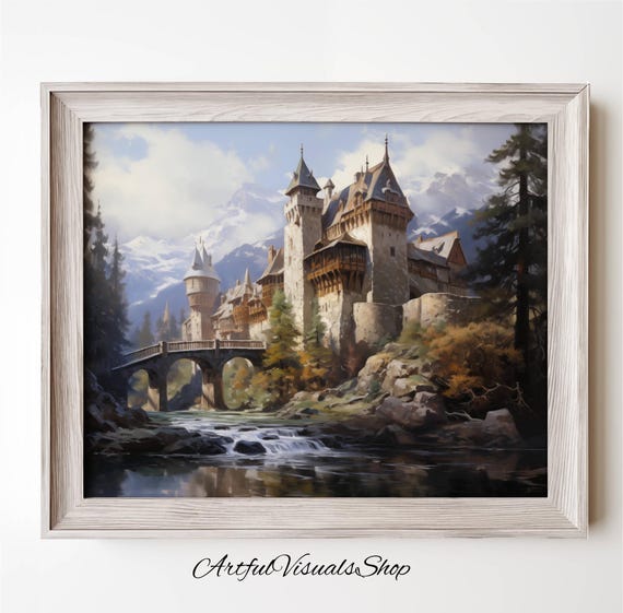 Fantasy Castle Landscape Print Ancient River Scene Nature Wall Art
