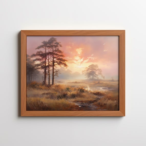 Sunrise Meadow Landscape Wall Art Nature Painting Style Decor