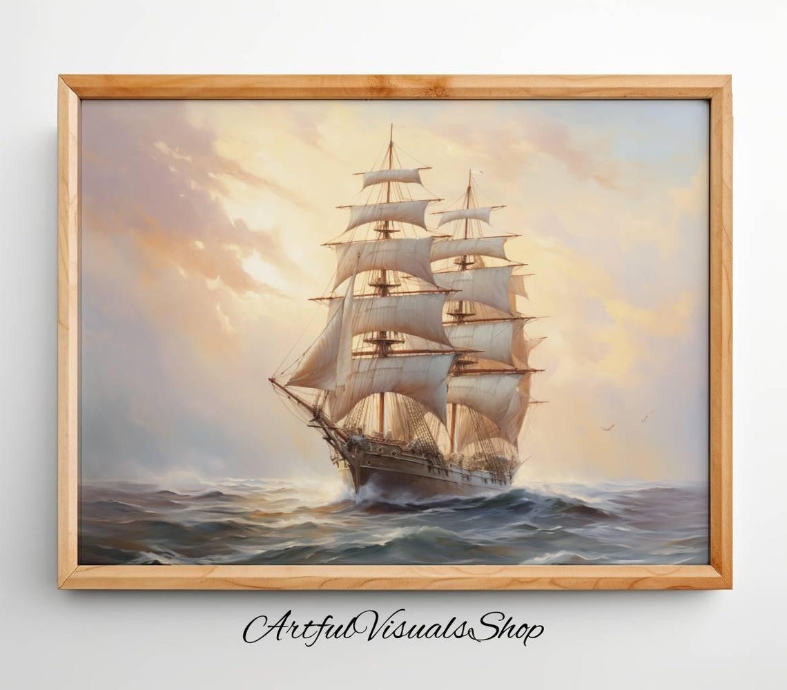 Tall Ship with Full Sails Stormy Sea Oil Painting Nautical Poster