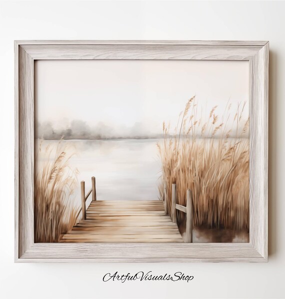 Serene Lakeside Wooden Dock Misty Reeds Neutral Watercolor Poster
