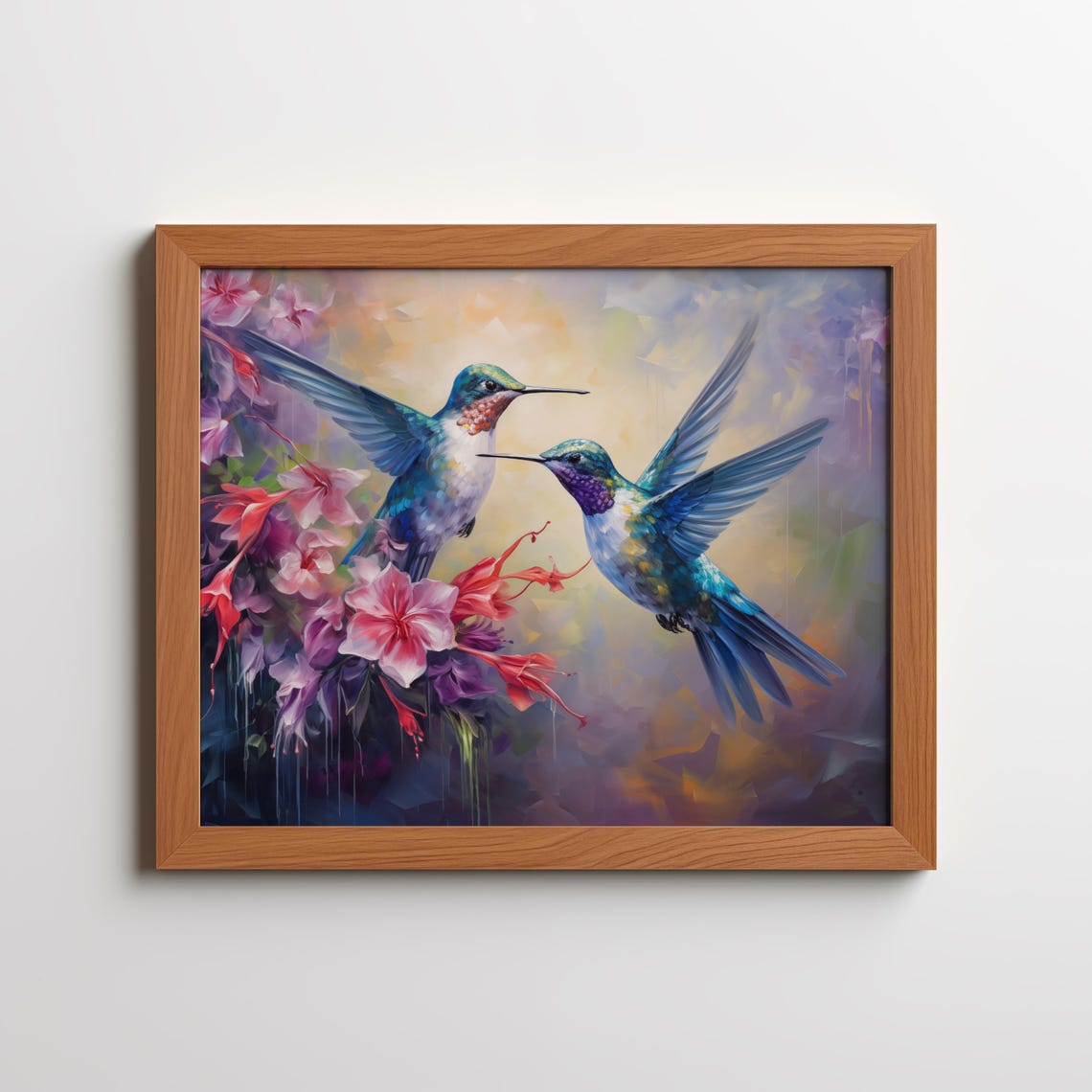 Two Hummingbirds Pink Blossoms Painterly Spring Garden Bird Poster