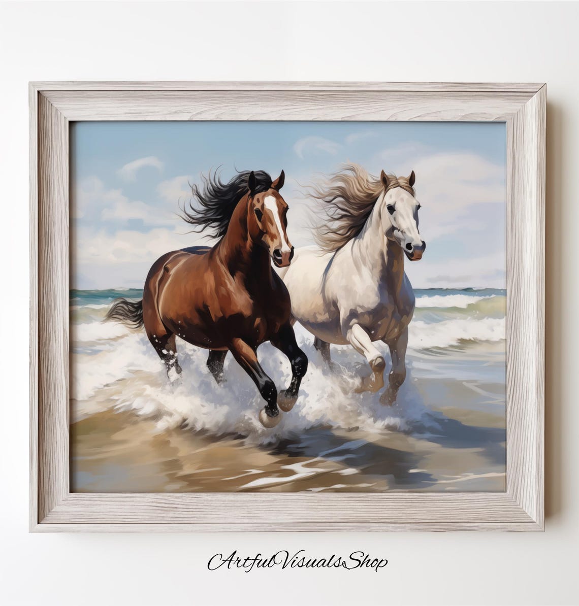 Two Horses Galloping On The Beach Waves Ocean Spray Art Poster