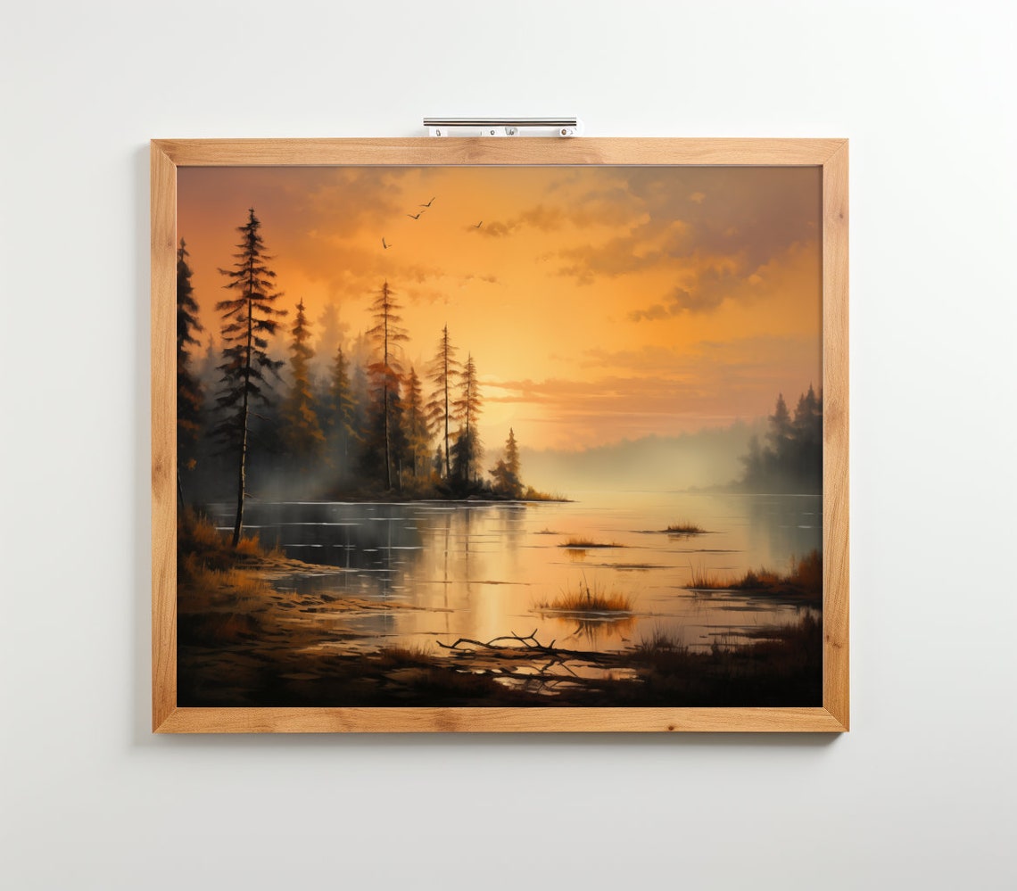 Sunset Lake Pine Trees Orange Sky Reflections Landscape Poster