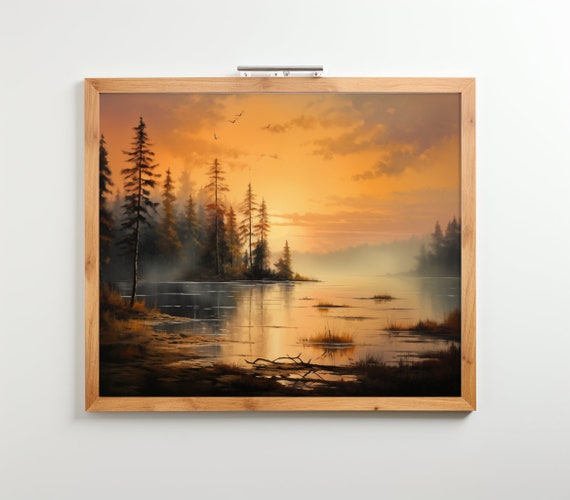 Foggy Lake Sunset Print Serene Nature Painting Style