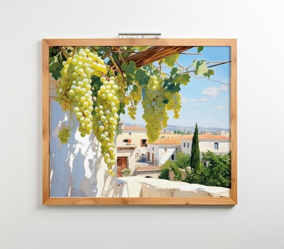 Greek Balcony Grape Vines Mediterranean Village View Art Poster