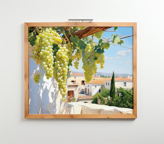 Greek Balcony View Print Mediterranean Grape Vines Rustic Home Decor