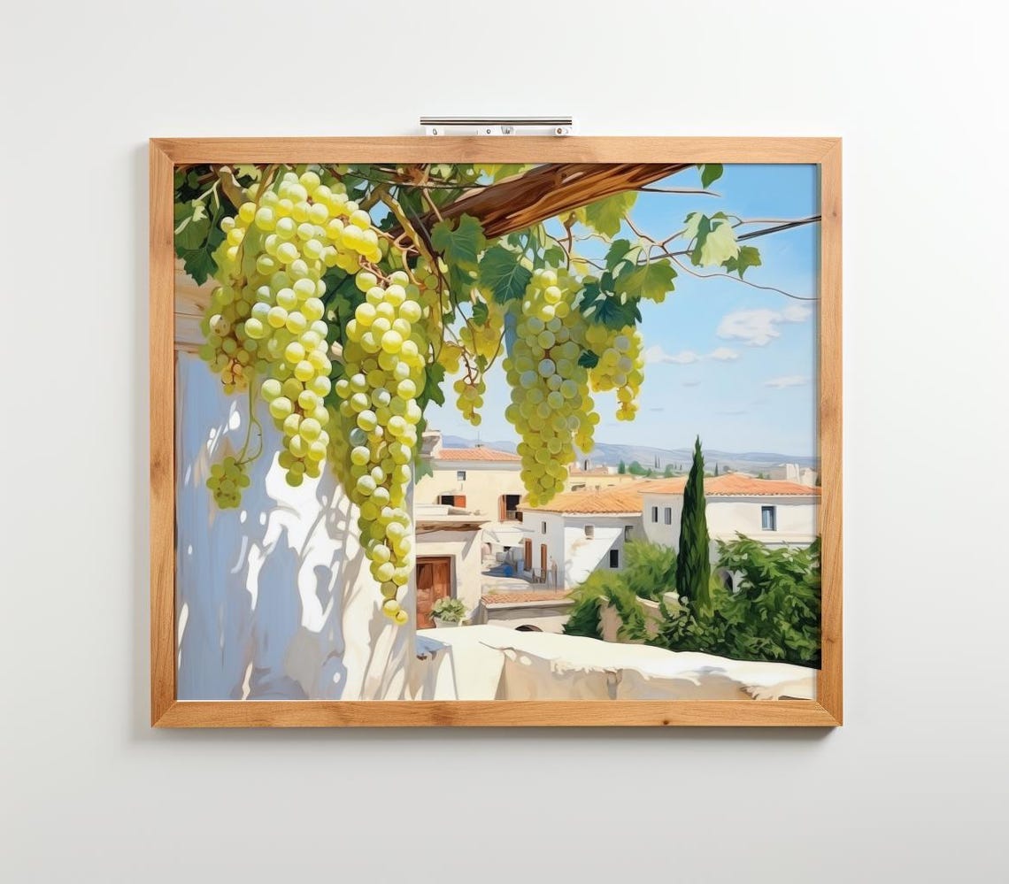 Greek Balcony Grape Vines Mediterranean Village View Art Poster