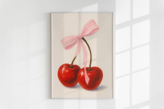 Cherry Wall Art Print Coquette Pink Bow Soft Girl Dorm Decor Preppy College
