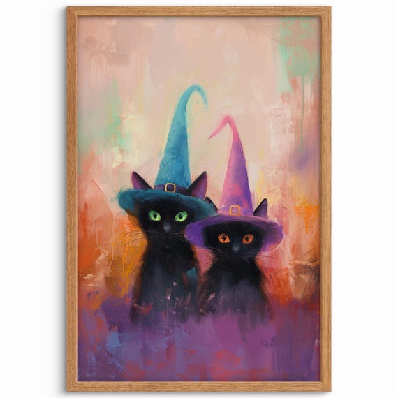 Pastel Black Cat Wall Art Halloween Witch Hat Print Cute Cats Painting Handpainted Decor