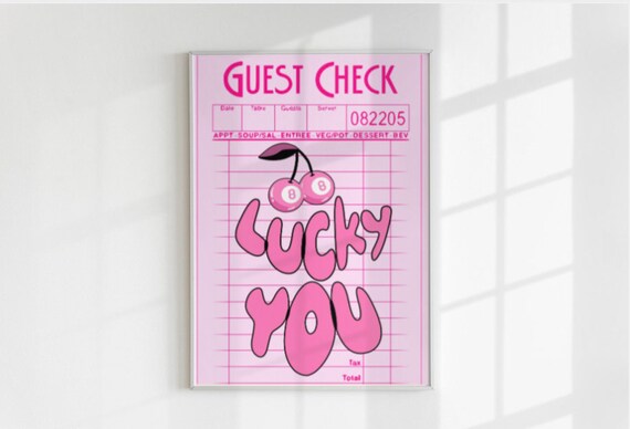 Lucky You Pink Guest Check Retro Diner Style Kitchen Decor Poster