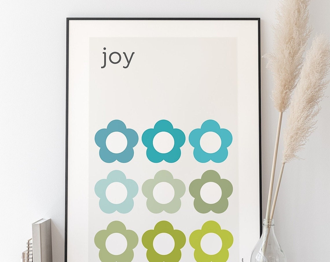 Joy Retro Flower Grid Poster Cool Blue Green Typographic Art