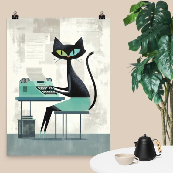 Atomic Black Cat Typing Vintage Typewriter Retro Midcentury Writer Poster