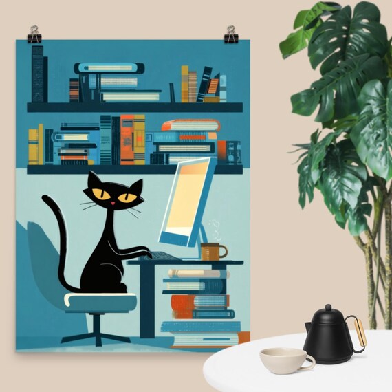 Atomic Black Cat Bookshelf Office Retro Midcentury Computer Desk Poster