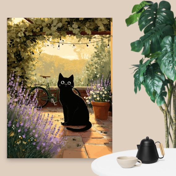 Black Cat Among Lavender At Sunset Garden Patio Whimsical Art Poster