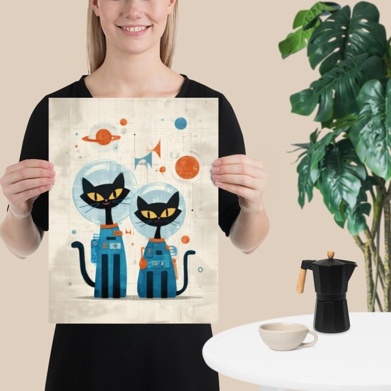 Two Black Cats In Astronaut Suits Retro Space Midcentury Poster