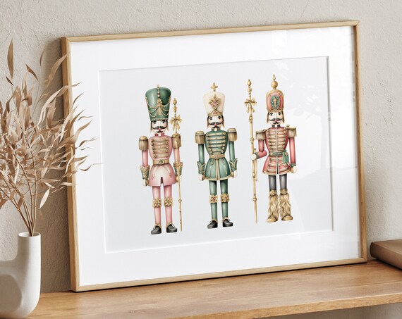Pink Green Red Christmas Nutcracker Trio Watercolor Holiday Print
