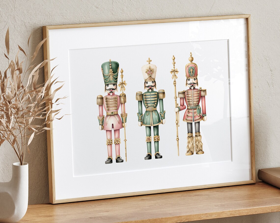 Pink Green Red Christmas Nutcracker Trio Watercolor Holiday Print