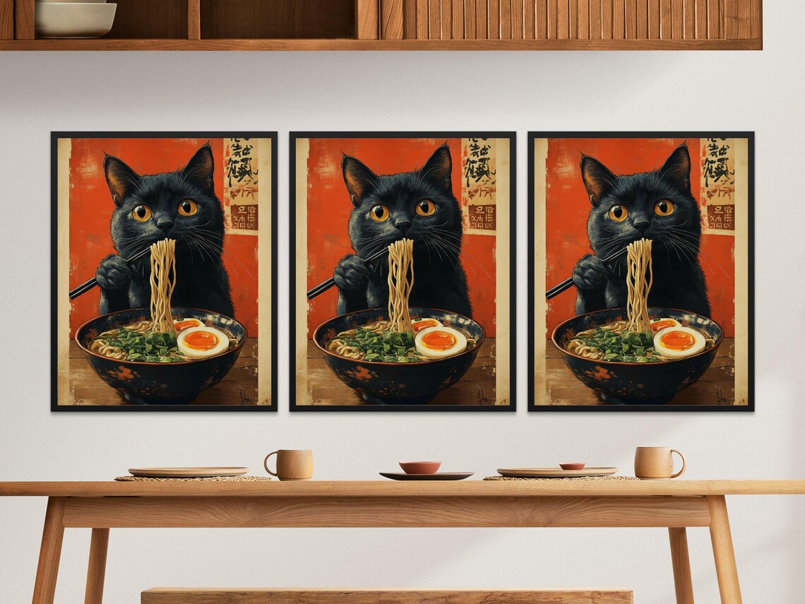 Cute Black Cat Eating Ramen Chopsticks Red Japanese Vintage Food Poster - Image 2