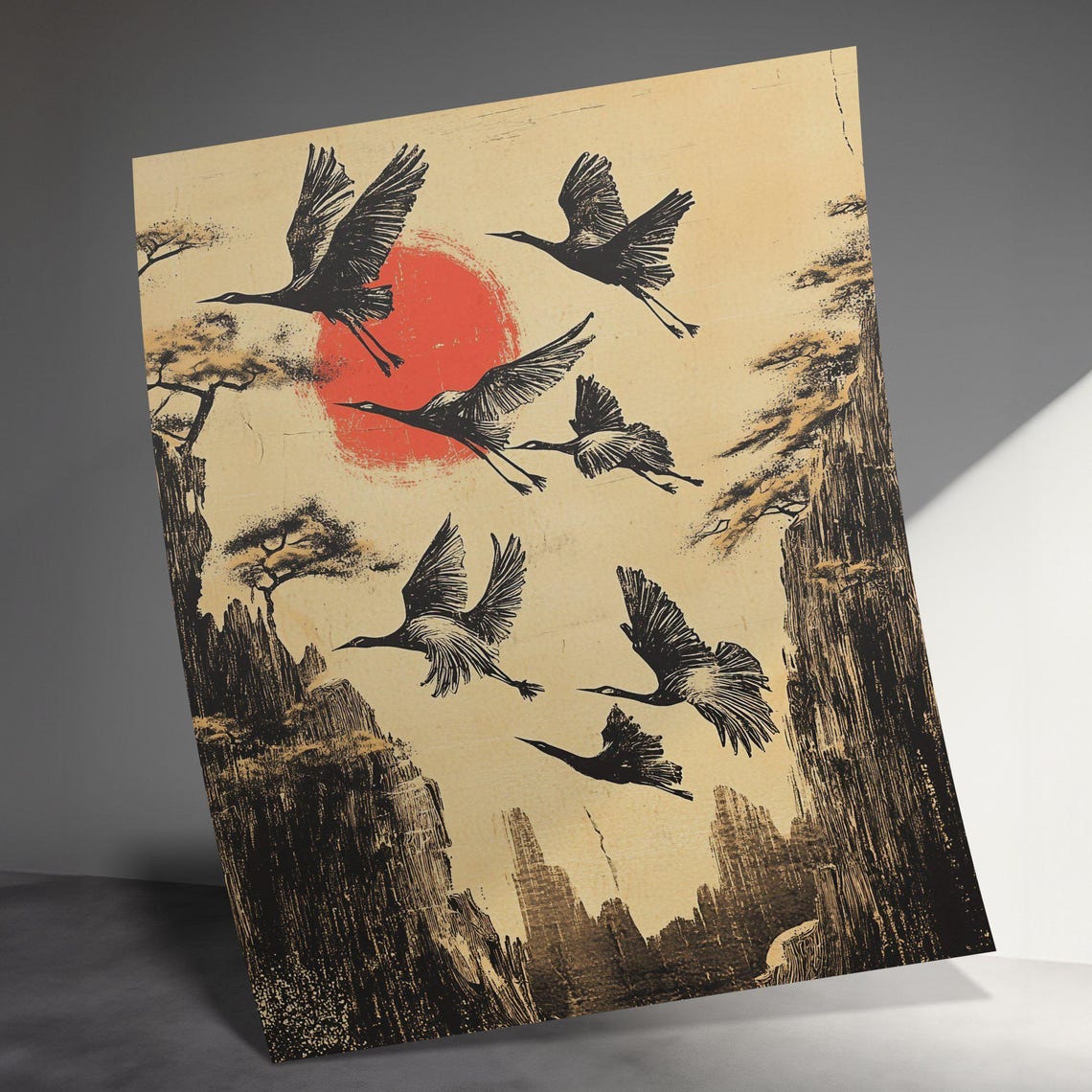 Cranes Flying Over Red Sun Cliffs Japanese Ink Landscape Poster - Image 3
