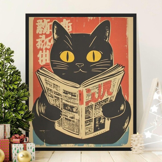 Japanese Black Cat Reading Newspaper Retro Style Funny Cat Poster