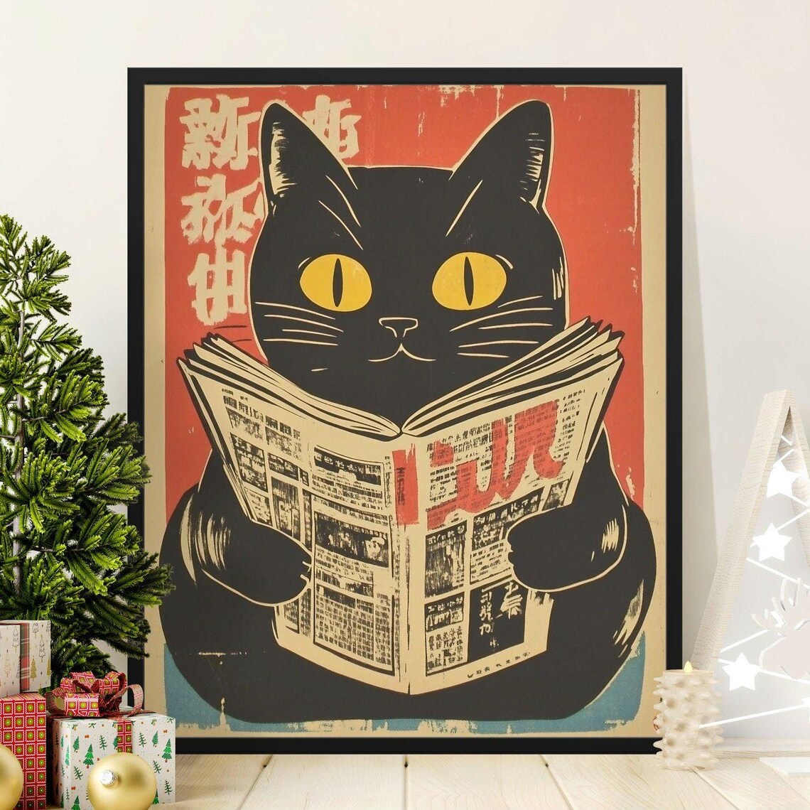 Japanese Black Cat Reading Newspaper Retro Style Funny Cat Poster