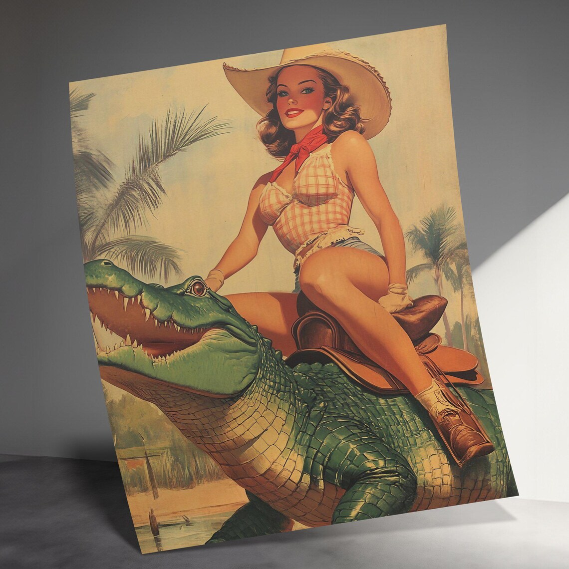 Vintage Pin Up Cowgirl Riding Alligator Palm Trees Sepia Retro Poster - Image 3