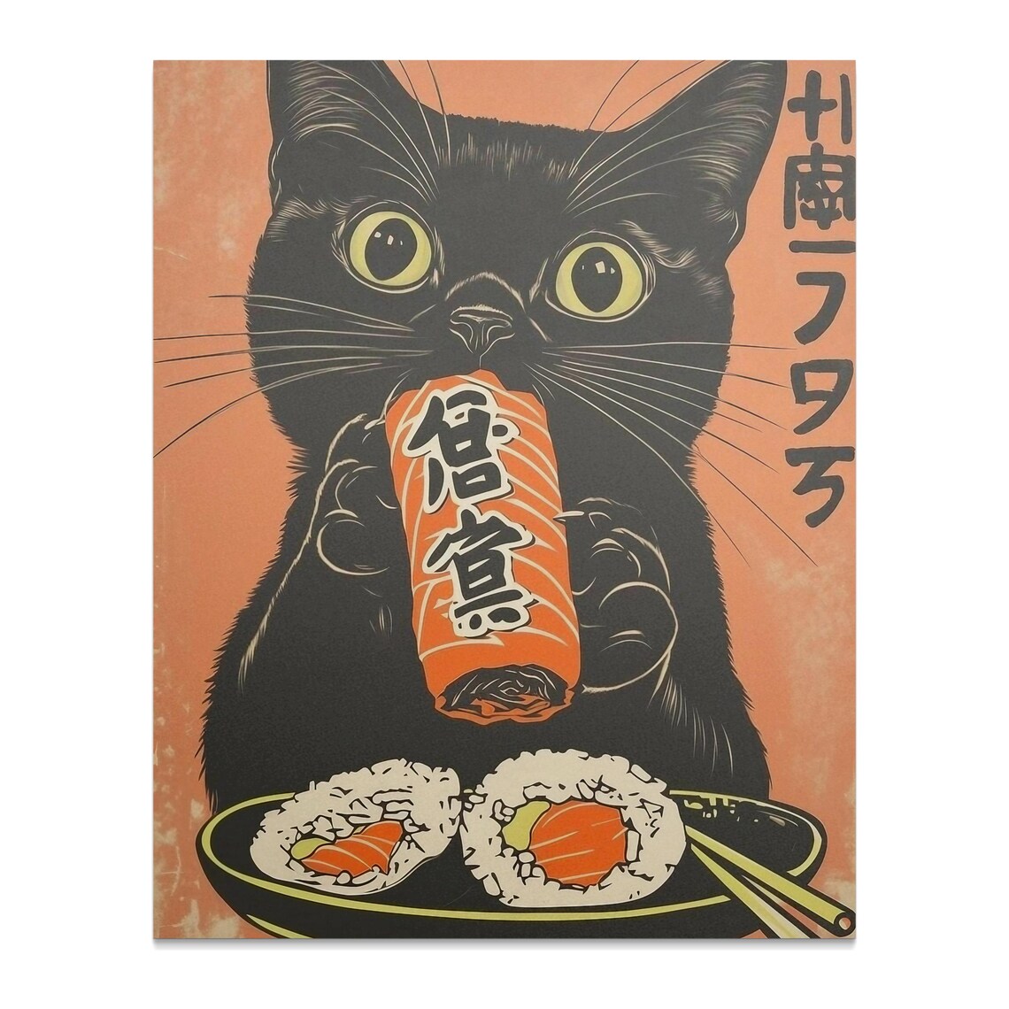 Black Cat Eating Salmon Nigiri Sushi Japanese Food Art Poster - Image 2