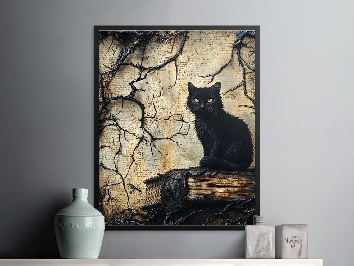 Gothic Black Cat On Old Antique Book Dark Cracked Branches Wall Art - Image 2