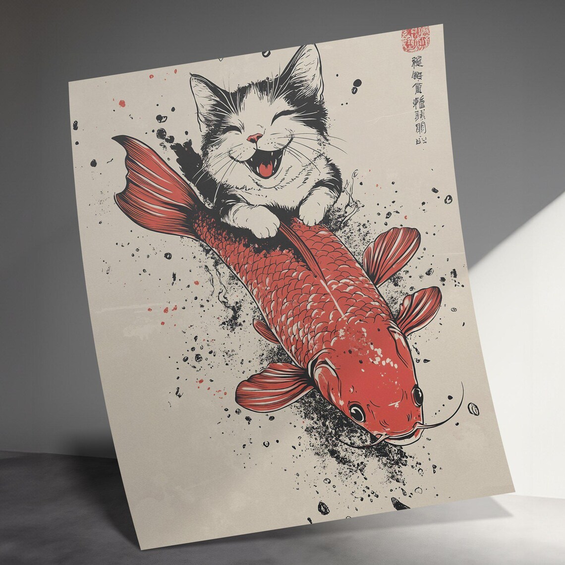 Joyful Kitten Riding Red Koi Fish Ink Splash Japanese Wall Art Poster - Image 3