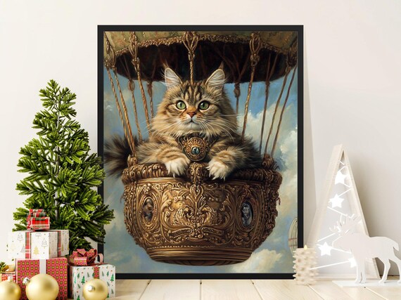 Fluffy Tabby Cat In Ornate Hot Air Balloon Basket Sky Whimsical Poster