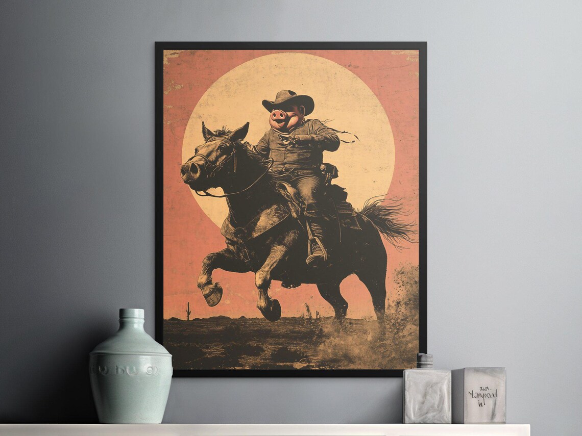Cowboy Pig Riding Horse Moonlit Vintage Western Funny Pig Poster - Image 2