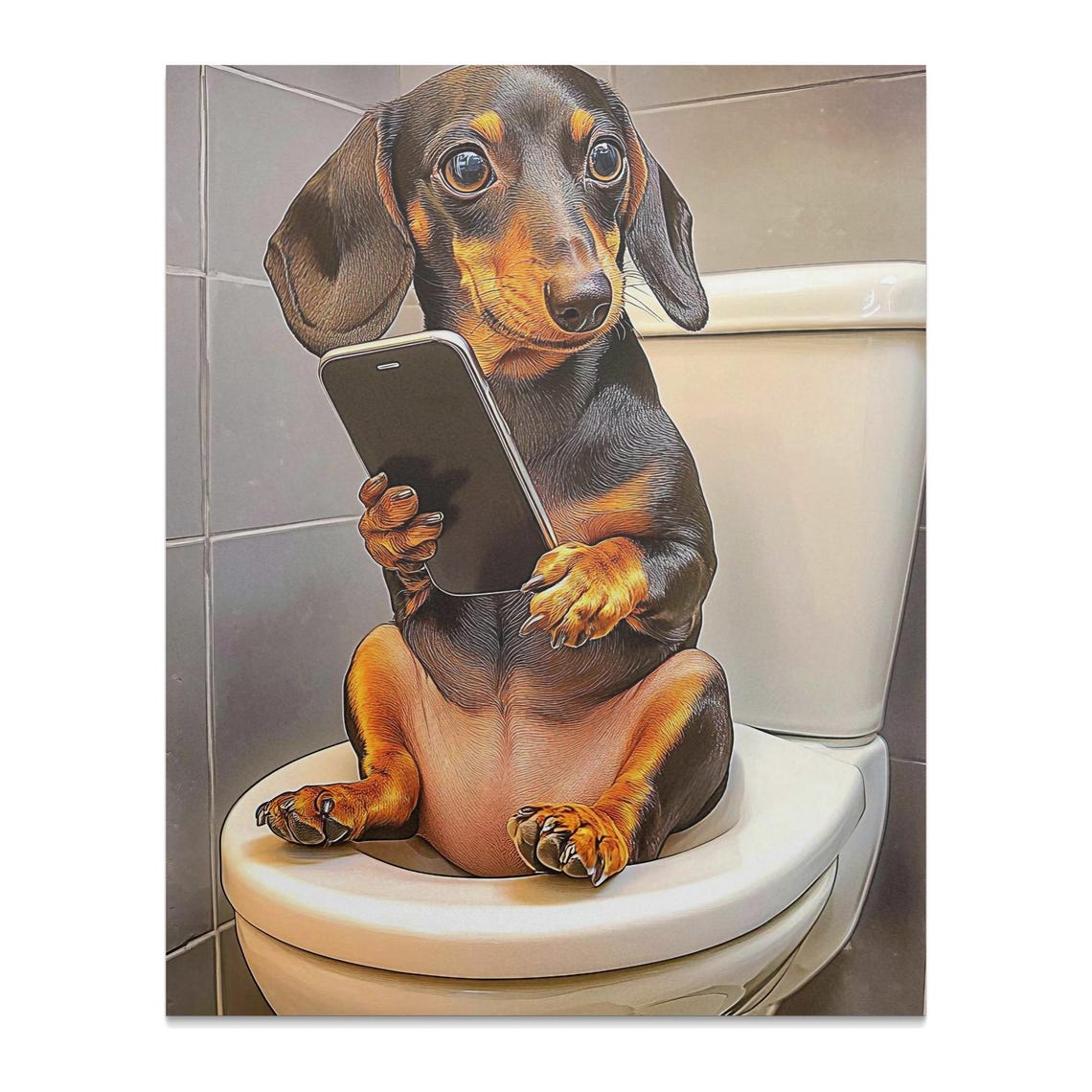 Dachshund On Toilet Holding Phone Funny Bathroom Dog Poster Art - Image 2