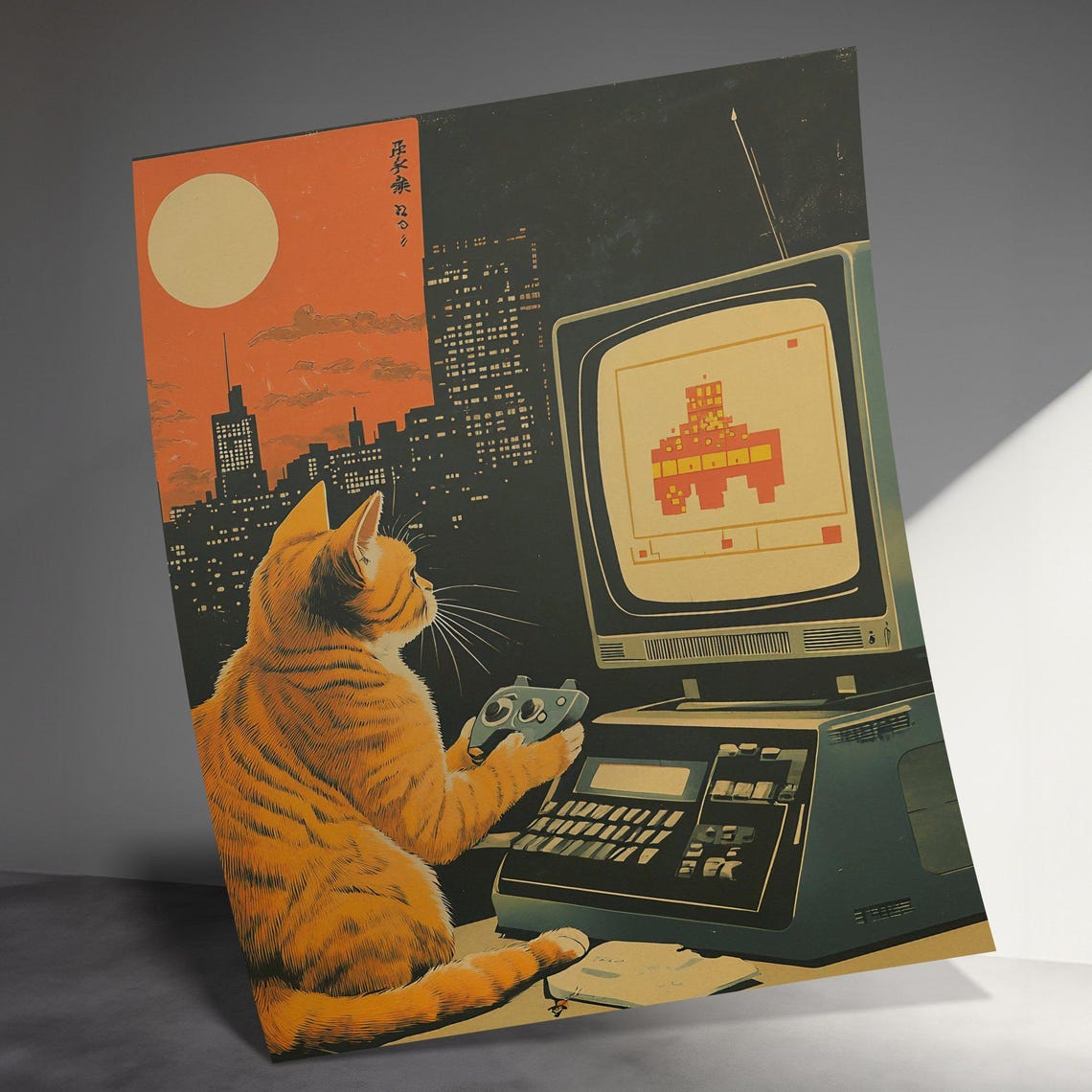 Cat Playing Retro Video Game CRT Computer Sunset Cityscape Wall Art - Image 3