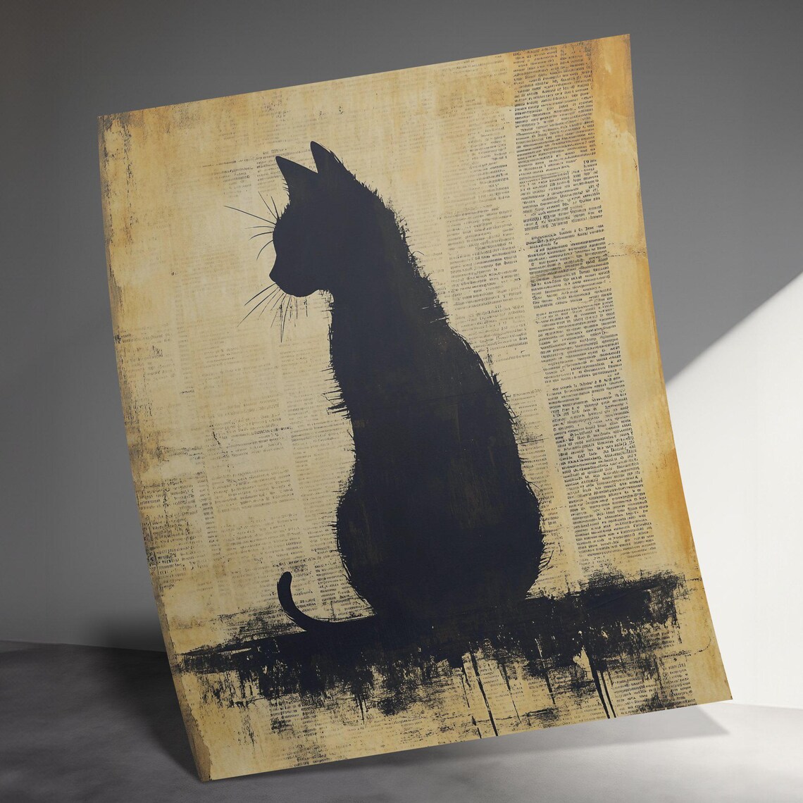 Black Cat Silhouette On Vintage Newspaper Sepia Nostalgic Literary Art Poster - Image 3